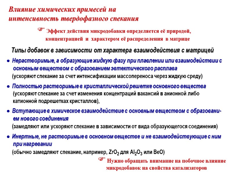 Влияние химических примесей на интенсивность твердофазного спекания  Эффект действия микродобавки определяется её природой,